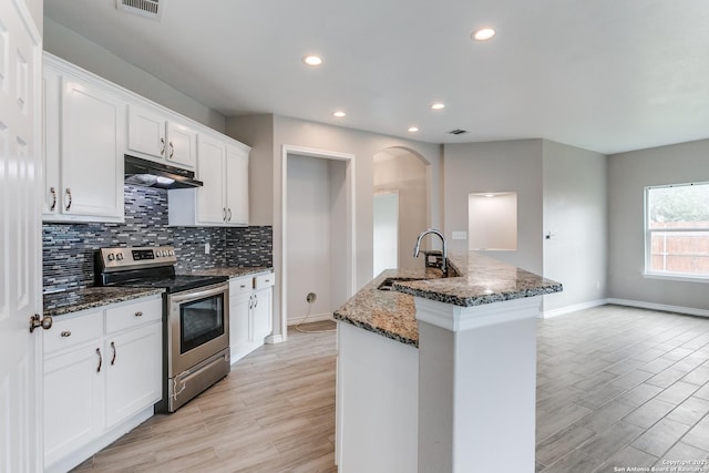 13508 Cranbrook, Live Oak, TX 78233 - kitchen with stainless steel range with electric cooktop, a sink, under cabinet range hood, light wood finished floors, and recessed lighting