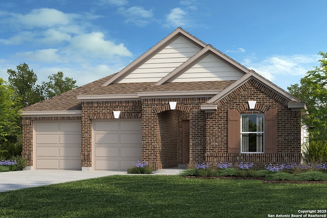 2516 Chronos Dr, San Antonio, TX 78245 - view of front of property with brick siding, driveway, an attached garage, and a front lawn