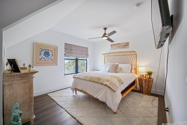 340 Warbler, Spring Branch, TX 78070 - bedroom featuring wood finished floors, baseboards, a ceiling fan, and lofted ceiling
