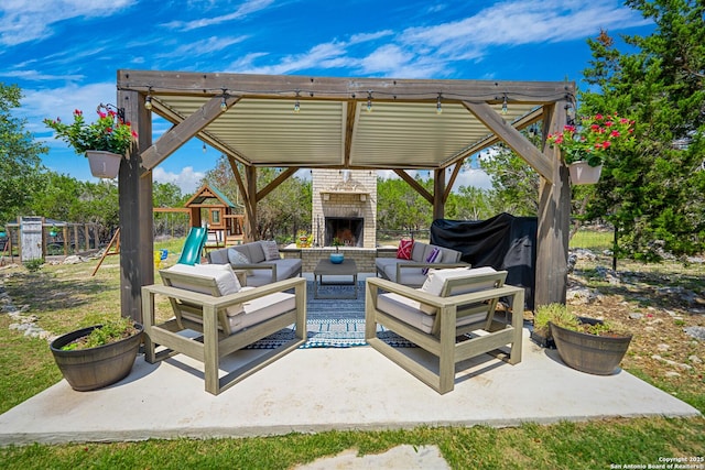 340 Warbler, Spring Branch, TX 78070 - view of patio / terrace featuring an outdoor living space with a fireplace and a playground