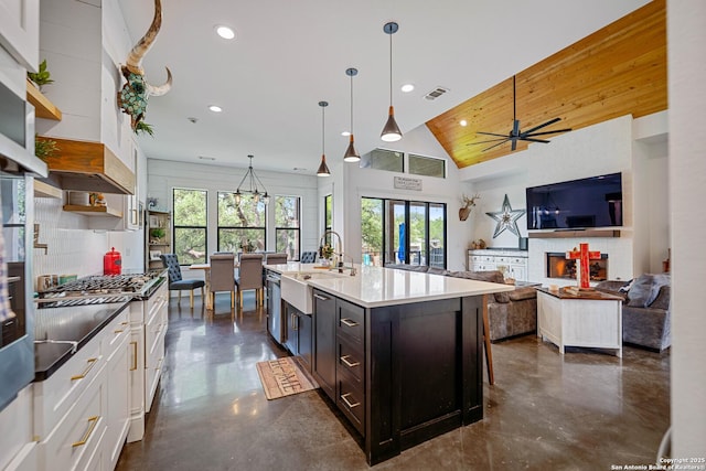 340 Warbler, Spring Branch, TX 78070 - kitchen featuring a sink, open shelves, finished concrete floors, recessed lighting, and white cabinetry