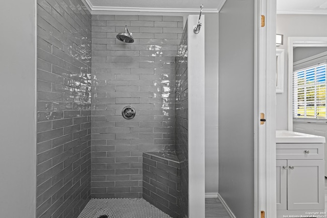 20505 Flat Creek Dr, Chandler, TX 75758 - full bathroom featuring ornamental molding, tiled shower, vanity, and baseboards