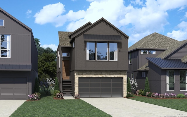 20675 Huebner Rd, San Antonio, TX 78258 - modern home with stone siding, a front yard, a garage, and stucco siding