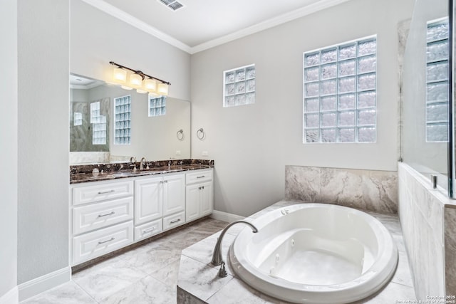 6327 Almeria Cir, San Antonio, TX 78257 - full bathroom with vanity, crown molding, a whirlpool tub, plenty of natural light, and marble finish flooring