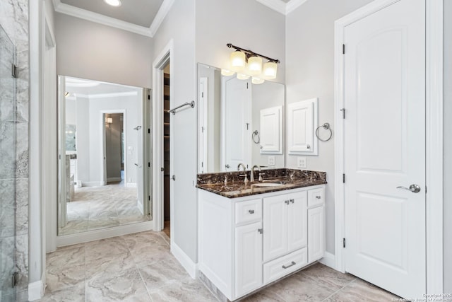 6327 Almeria Cir, San Antonio, TX 78257 - full bathroom featuring marble finish floors, ornamental molding, vanity, a shower, and baseboards