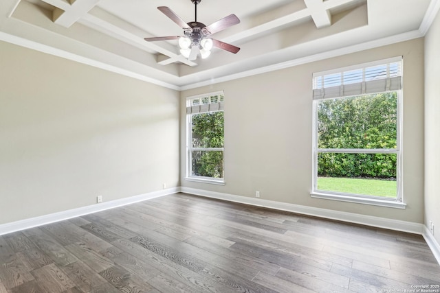6327 Almeria Cir, San Antonio, TX 78257 - unfurnished room featuring coffered ceiling, ceiling fan, ornamental molding, a raised ceiling, and dark wood finished floors