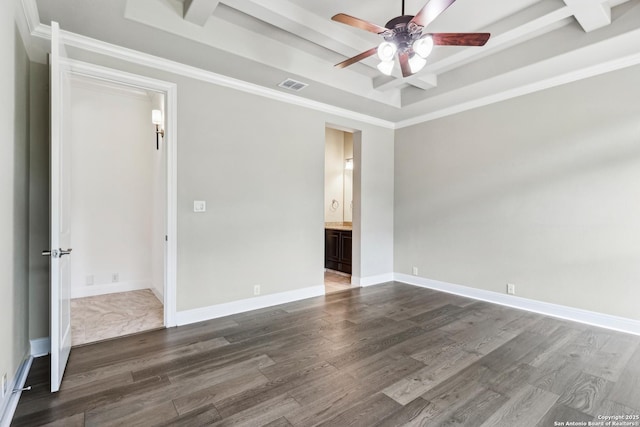 6327 Almeria Cir, San Antonio, TX 78257 - unfurnished room featuring ceiling fan, dark wood-type flooring, a raised ceiling, ornamental molding, and baseboards