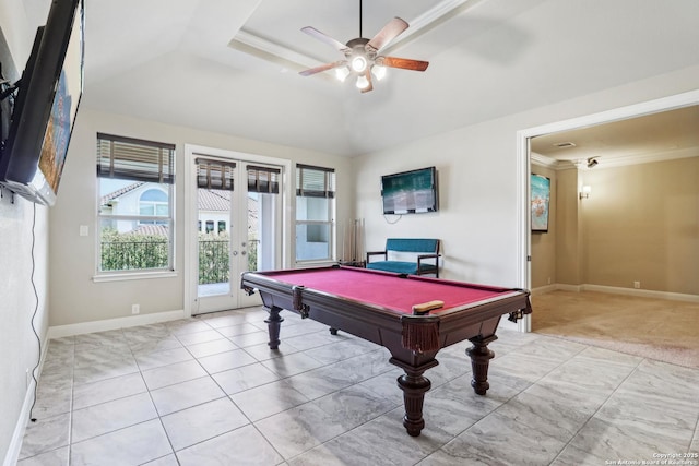 6327 Almeria Cir, San Antonio, TX 78257 - game room with french doors, ceiling fan, billiards table, baseboards, and crown molding