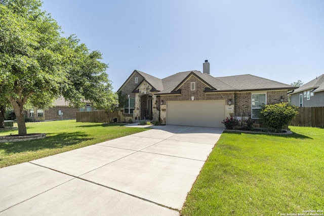 3308 Ashleys, Marion, TX 78124 - french country inspired facade with an attached garage, concrete driveway, a chimney, and brick siding