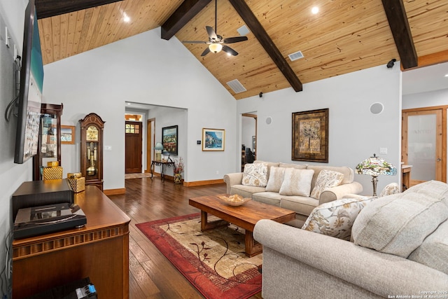 1133 Horseshoe Fls, Bandera, TX 78003 - living area featuring high vaulted ceiling, beam ceiling, ceiling fan, baseboards, and wood-type flooring