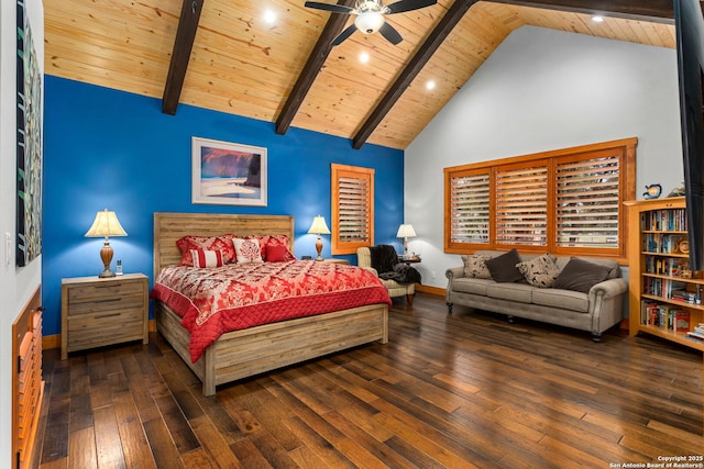1133 Horseshoe Fls, Bandera, TX 78003 - bedroom with wood ceiling, hardwood / wood-style flooring, high vaulted ceiling, beamed ceiling, and baseboards