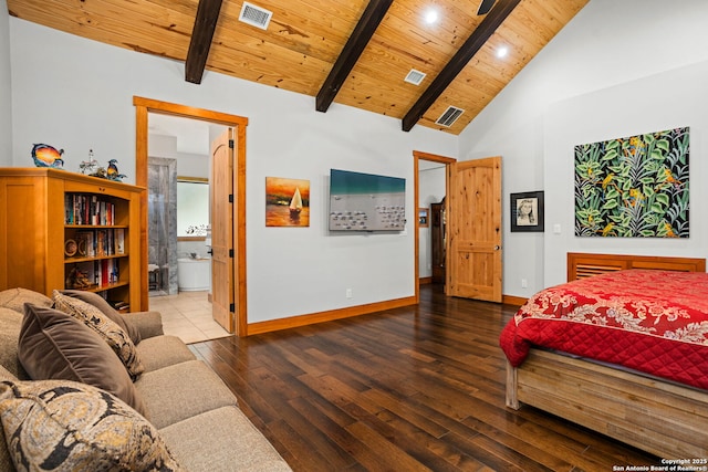 1133 Horseshoe Fls, Bandera, TX 78003 - bedroom with wooden ceiling, wood finished floors, beamed ceiling, high vaulted ceiling, and baseboards