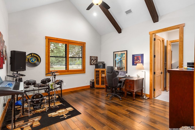 1133 Horseshoe Fls, Bandera, TX 78003 - office area with dark wood-style floors, high vaulted ceiling, a ceiling fan, baseboards, and beamed ceiling