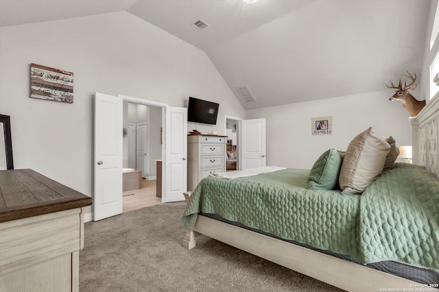 2977 Grove, Seguin, TX 78155 - bedroom with light colored carpet, high vaulted ceiling, and connected bathroom