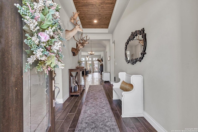 2977 Grove, Seguin, TX 78155 - entryway with wooden ceiling, baseboards, dark wood-style flooring, a chandelier, and recessed lighting