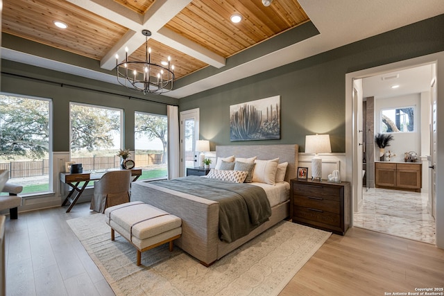 411 Poe Pkwy, Castroville, TX 78009 - bedroom featuring wooden ceiling, a chandelier, access to exterior, recessed lighting, and light wood-style flooring