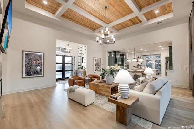 411 Poe Pkwy, Castroville, TX 78009 - living room featuring a chandelier, coffered ceiling, wooden ceiling, beamed ceiling, and recessed lighting