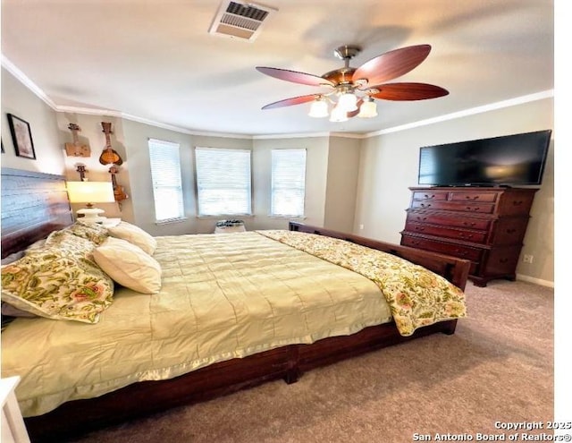 534 Walnut Hts, New Braunfels, TX 78130 - carpeted bedroom with crown molding, baseboards, and a ceiling fan