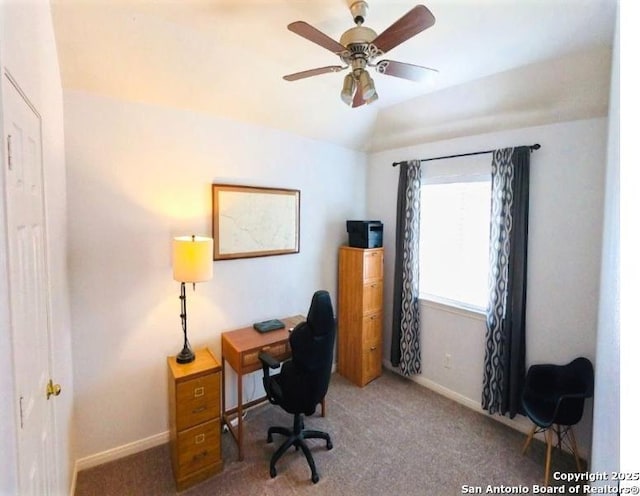 534 Walnut Hts, New Braunfels, TX 78130 - office featuring lofted ceiling, carpet flooring, baseboards, and ceiling fan