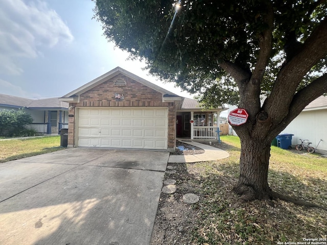 6719 Dragon Fire, San Antonio, TX 78242 - ranch-style home with driveway, a garage, brick siding, and covered porch
