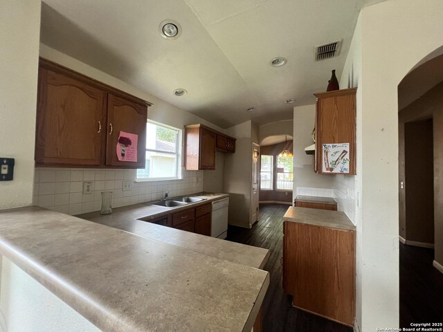 6719 Dragon Fire, San Antonio, TX 78242 - kitchen with arched walkways, a sink, healthy amount of natural light, vaulted ceiling, and recessed lighting