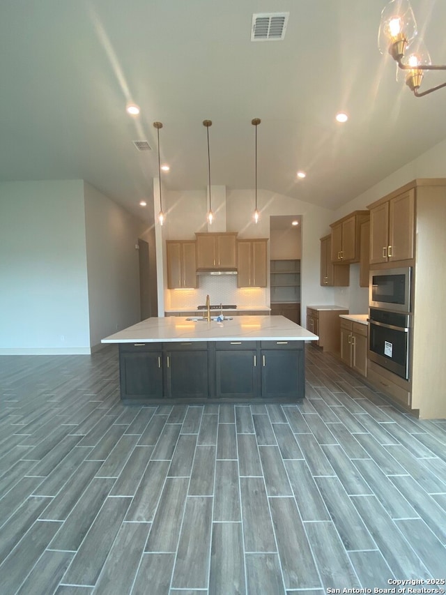 1641 Saddleback Run, New Braunfels, TX 78130 - kitchen with stainless steel appliances, decorative backsplash, light countertops, a large island, and wood finished floors