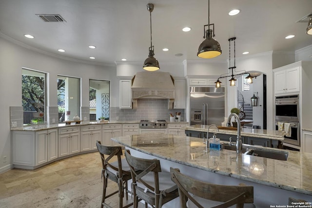 19902 Messina, San Antonio, TX 78258 - kitchen featuring appliances with stainless steel finishes, a sink, premium range hood, decorative backsplash, and white cabinetry