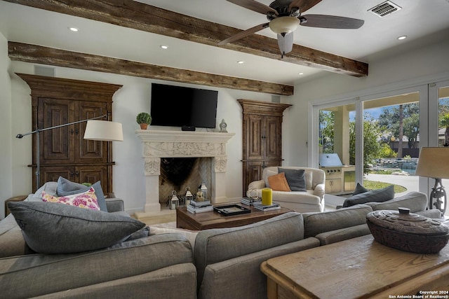 19902 Messina, San Antonio, TX 78258 - living area featuring a ceiling fan, recessed lighting, beam ceiling, and a high end fireplace