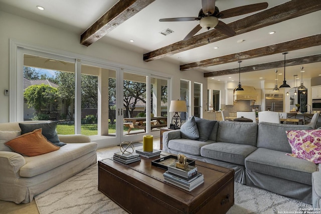 19902 Messina, San Antonio, TX 78258 - living room with a ceiling fan, recessed lighting, and beam ceiling