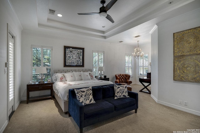 19902 Messina, San Antonio, TX 78258 - bedroom with light colored carpet, multiple windows, a chandelier, and ornamental molding
