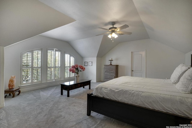 19902 Messina, San Antonio, TX 78258 - bedroom featuring carpet, lofted ceiling, and ceiling fan