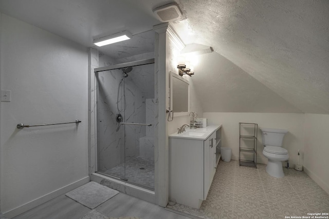 19902 Messina, San Antonio, TX 78258 - bathroom featuring toilet, a marble finish shower, a textured ceiling, vanity, and baseboards