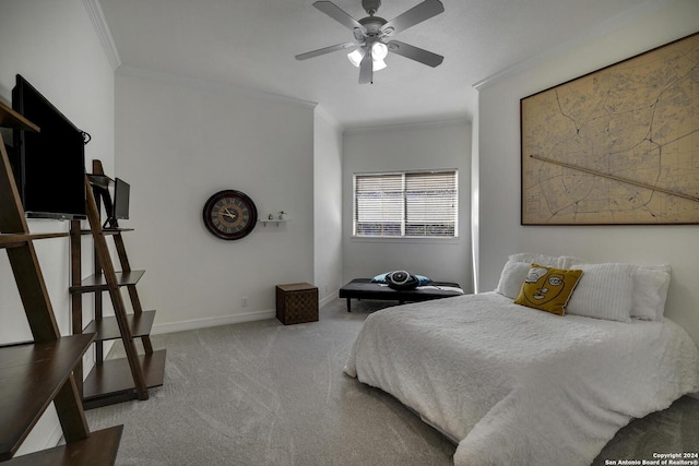 19902 Messina, San Antonio, TX 78258 - bedroom featuring crown molding, carpet flooring, baseboards, and a ceiling fan