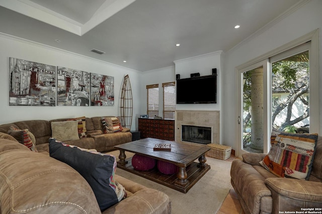 19902 Messina, San Antonio, TX 78258 - living room featuring a fireplace, ornamental molding, and recessed lighting