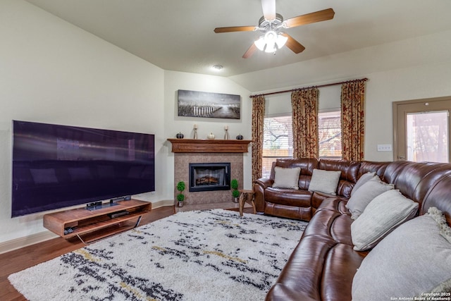 5502 Waldon Walk, San Antonio, TX 78261 - living room featuring baseboards, a ceiling fan, a fireplace, lofted ceiling, and wood finished floors