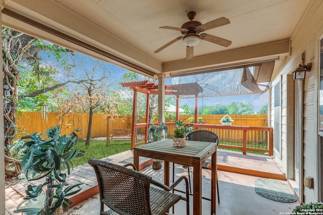 5502 Waldon Walk, San Antonio, TX 78261 - view of patio / terrace featuring a ceiling fan, a fenced backyard, a deck, and outdoor dining area