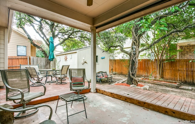 5502 Waldon Walk, San Antonio, TX 78261 - view of patio / terrace with outdoor dining space, a wooden deck, a fenced backyard, and a ceiling fan