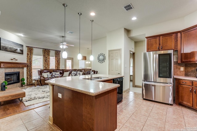 5502 Waldon Walk, San Antonio, TX 78261 - kitchen featuring smart refrigerator, a sink, light tile patterned floors, black dishwasher, and ceiling fan