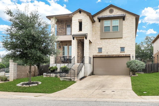 23534 Enchanted Bnd, San Antonio, TX 78260 - view of front of property with stone siding, a balcony, an attached garage, and driveway