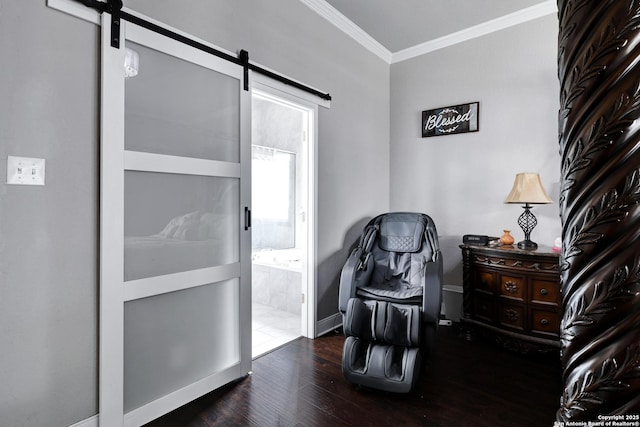 23534 Enchanted Bnd, San Antonio, TX 78260 - living area with a barn door, wood finished floors, ornamental molding, and baseboards
