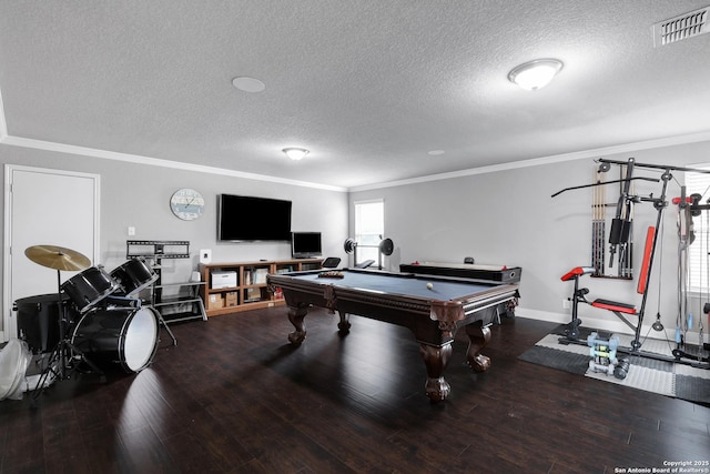 23534 Enchanted Bnd, San Antonio, TX 78260 - playroom featuring ornamental molding, wood finished floors, a textured ceiling, pool table, and baseboards
