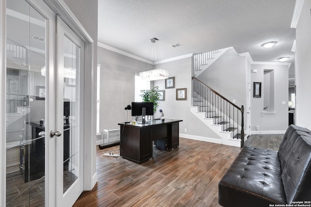 23534 Enchanted Bnd, San Antonio, TX 78260 - office featuring dark wood-type flooring, baseboards, ornamental molding, french doors, and a chandelier