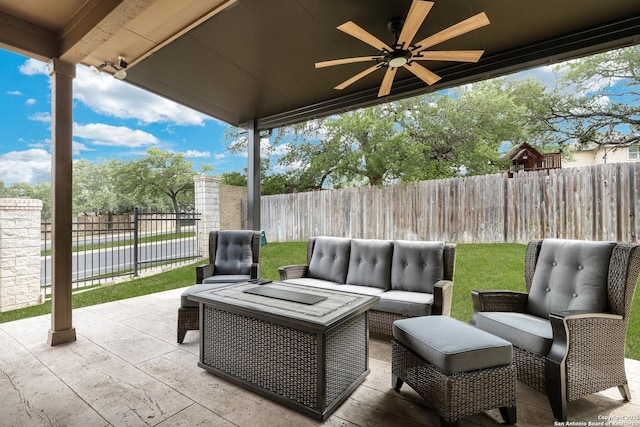23534 Enchanted Bnd, San Antonio, TX 78260 - view of patio / terrace with a fenced backyard, a ceiling fan, and an outdoor hangout area