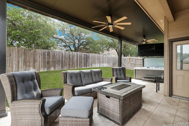 23534 Enchanted Bnd, San Antonio, TX 78260 - view of patio / terrace with a hot tub, a ceiling fan, and outdoor lounge area