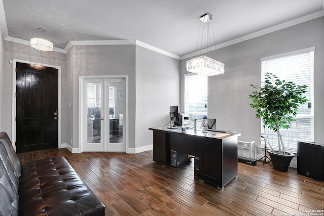 23534 Enchanted Bnd, San Antonio, TX 78260 - office space featuring a chandelier, dark wood-style floors, french doors, plenty of natural light, and ornamental molding