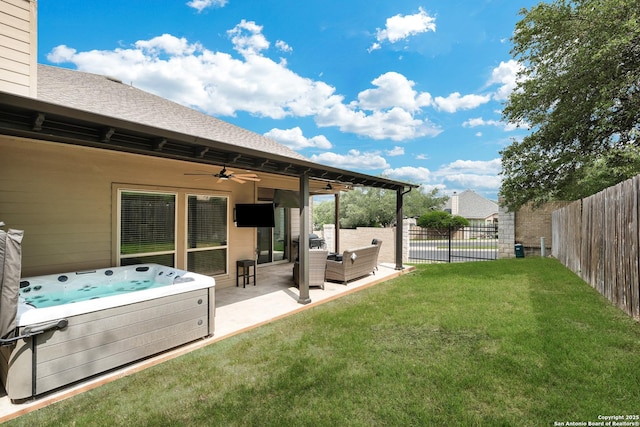 23534 Enchanted Bnd, San Antonio, TX 78260 - view of yard with a hot tub, a ceiling fan, a patio area, and an outdoor hangout area
