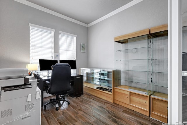 23534 Enchanted Bnd, San Antonio, TX 78260 - office featuring ornamental molding and dark wood finished floors