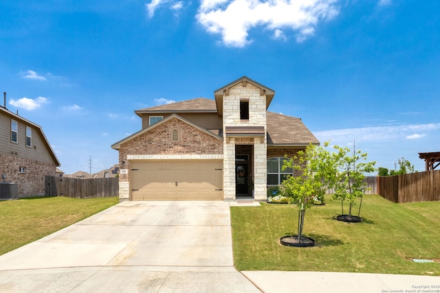 104 Mossy Bank, Cibolo, TX 78108 - traditional-style home with stone siding, a garage, driveway, roof with shingles, and cooling unit