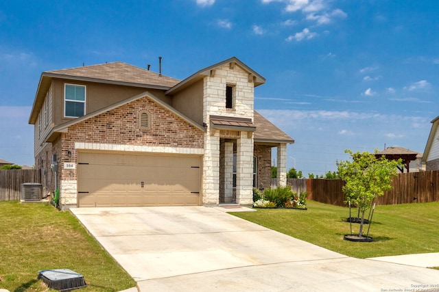104 Mossy Bank, Cibolo, TX 78108 - traditional-style house with stone siding, a garage, driveway, roof with shingles, and central AC