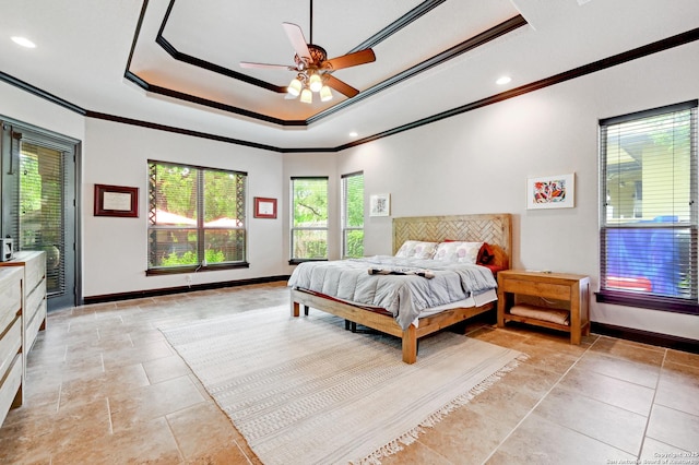 bedroom featuring ornamental molding, multiple windows, a raised ceiling, baseboards, and recessed lighting